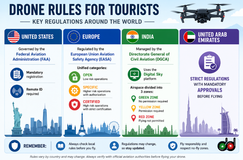 Global drone laws infographic showing FAA, EASA, and DGCA regulations and zones
