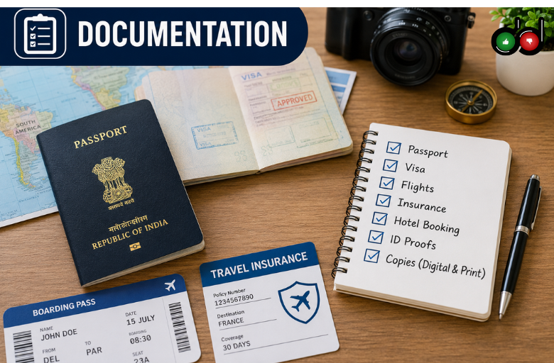 Travel documents and passport checklist for international trip preparation.