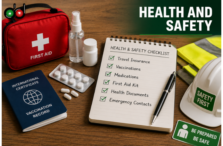 Health and Safety Checklist for International Travel Travel health and safety essentials including first aid kit, medicines, and vaccination documents.