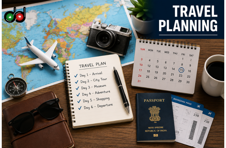 Travel Planning Tips for International Trips Travel planning essentials with itinerary, map, passport, and travel checklist for international trip preparation.
