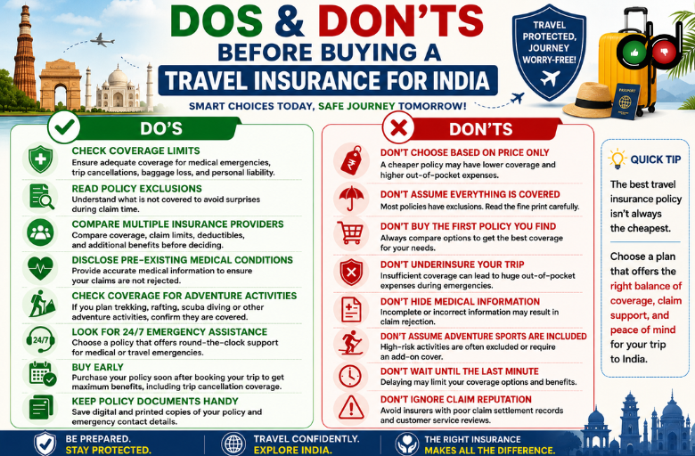 Dos and don'ts of buying travel insurance for India infographic featuring coverage limits, policy exclusions, medical disclosures, emergency assistance, and common mistakes to avoid.