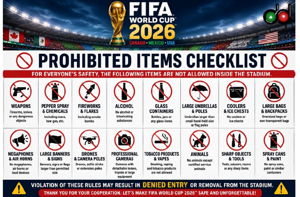 FIFA World Cup 2026 stadium prohibited items checklist including restricted bags, fireworks, alcohol and drones