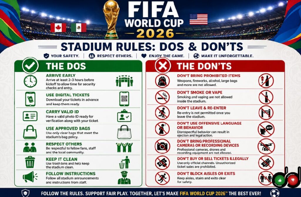 FIFA World Cup 2026 Stadium Dos and Don'ts infographic with match-day rules for fans